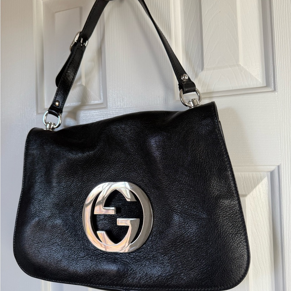 Gucci Medium Blondie Black Leather Shoulder Bag Silver Interlocking GG +Dust Bag